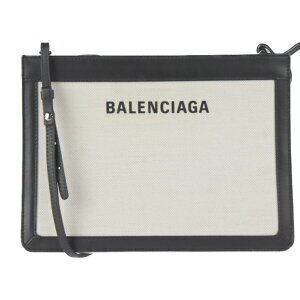 BALENCIAGA Navy Blue Pochette Shoulder Bag Canvas Leather Natural Black
